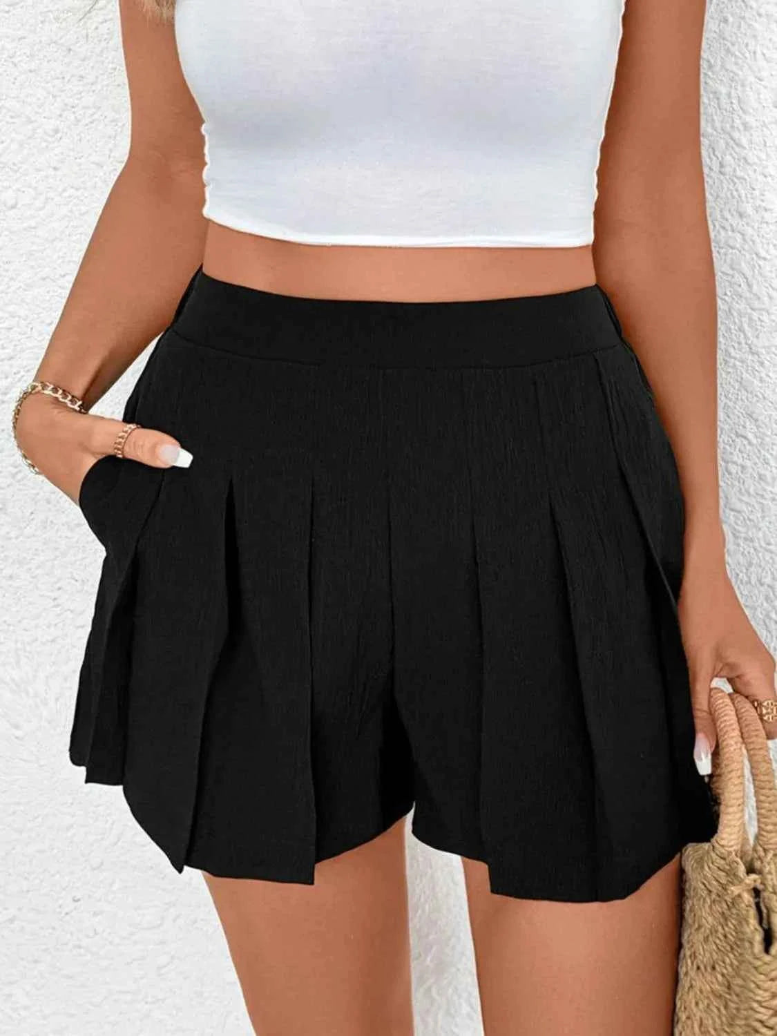 Women’s Pleated Shorts with Pockets – Casual High-Waist Flowy Summer Shorts