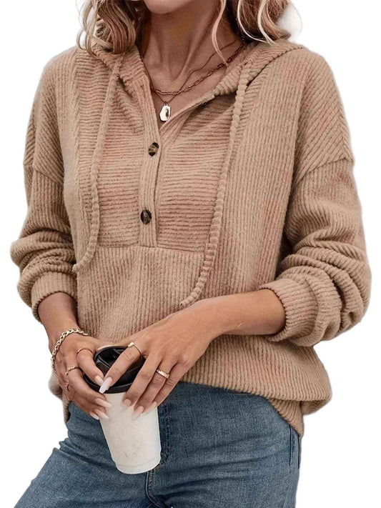 Women’s Ribbed Drawstring Button Front Hoodie Casual Long Sleeve Pullover Top