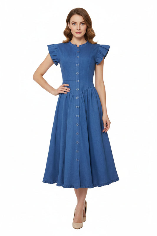 Elara Denim Midi Dress — Timeless Button-Front Silhouette