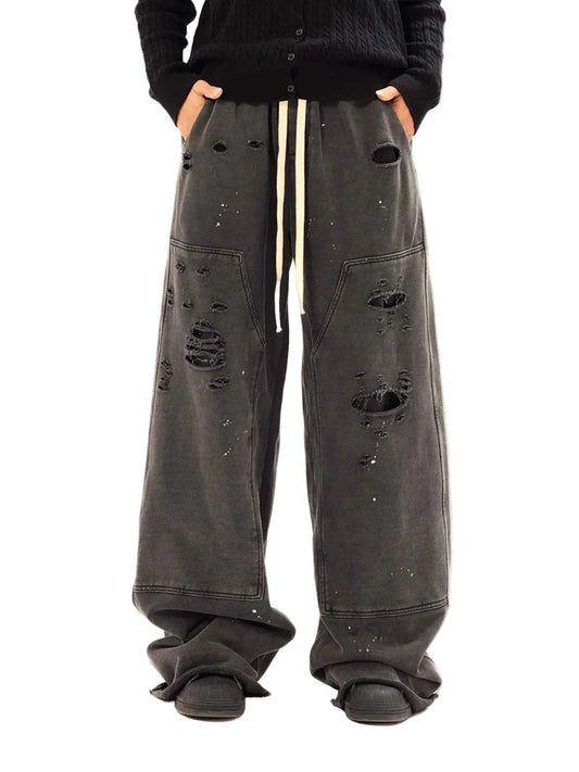 Heritage-Distressed Wide Leg Jeans with Drawstring Waist 100% Cotton