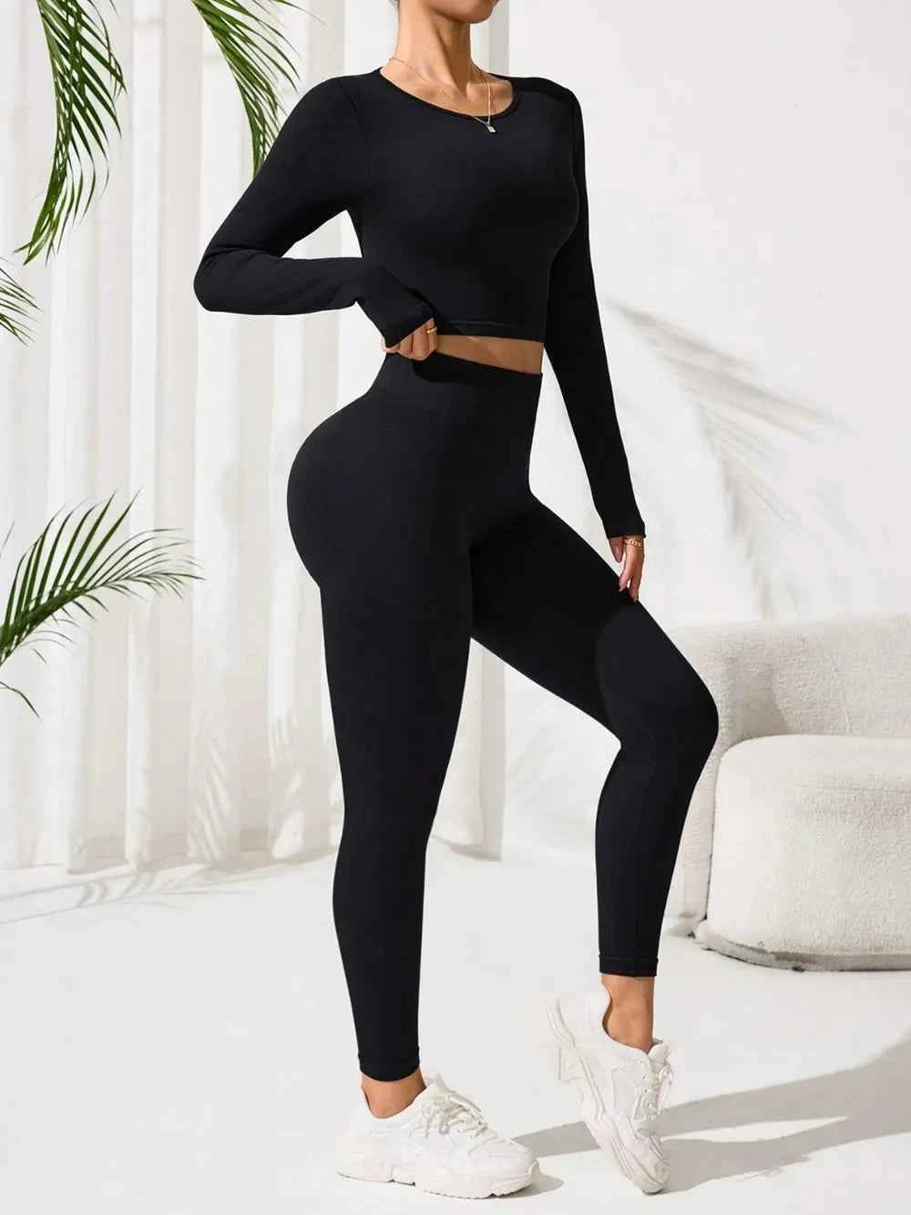 Stonehenge Textures Lace-Up Back Round Neck Top and Leggings Active Set