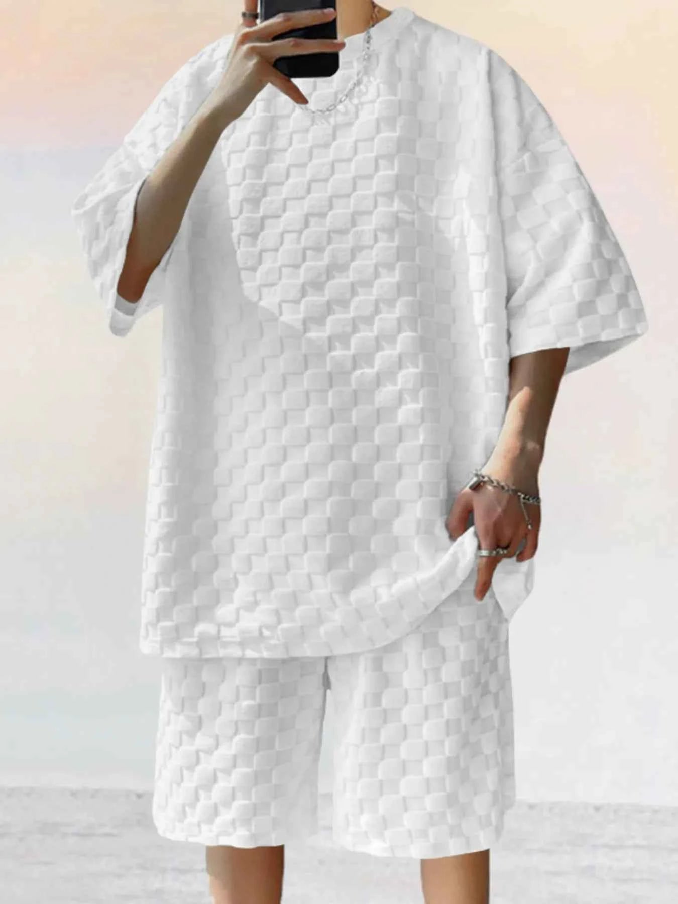 Men's Full Size Checkered Pattern Casual Top and Shorts Two-Piece Set Plus Size