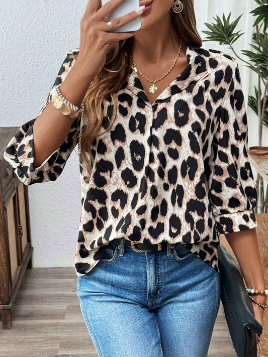 Chic Leopard Print 3/4 Sleeve Blouse V-Neck, Loose Fit Lightweight Versatile Casual Top for Women