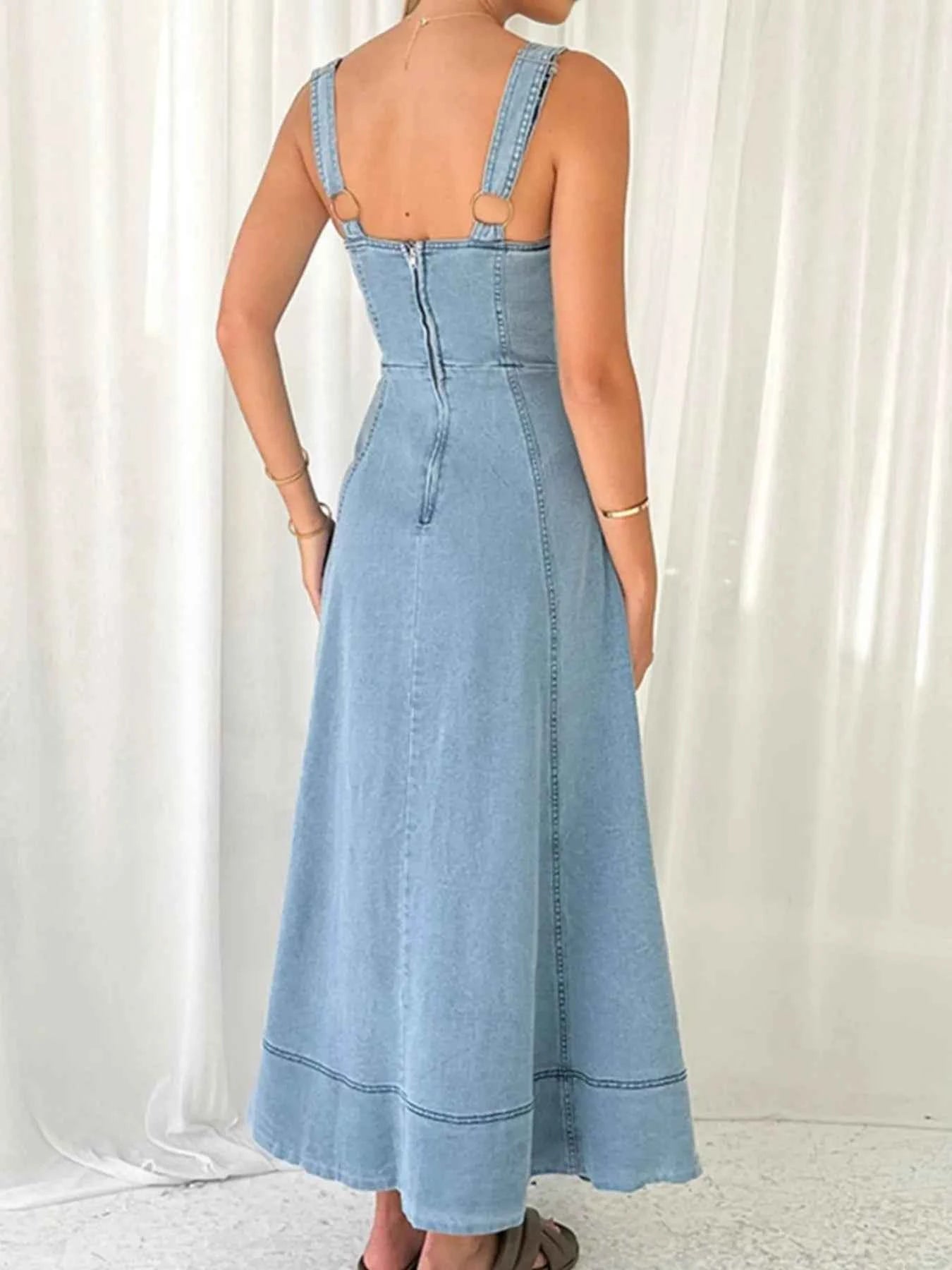 Light Blue Buttoned Wide Strap Sweetheart Neck Denim Midi Dress Vintage Inspired Pocketed, Summer Casual Travel-Ready