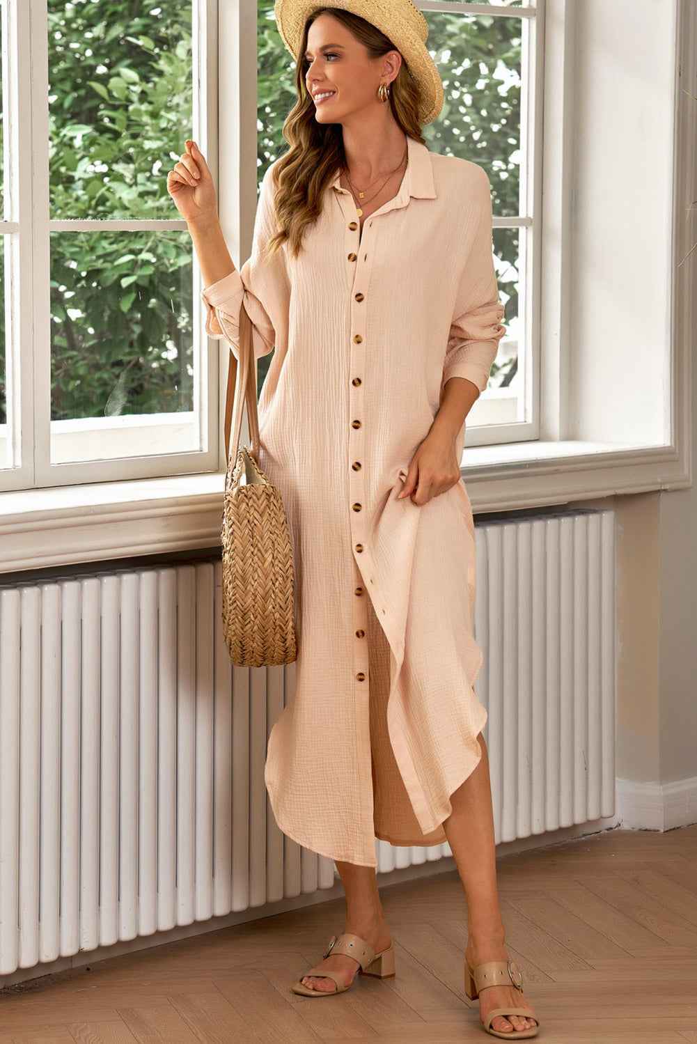 Button-Front Textured Midi Shirt Dress Effortless Everyday Elegance
