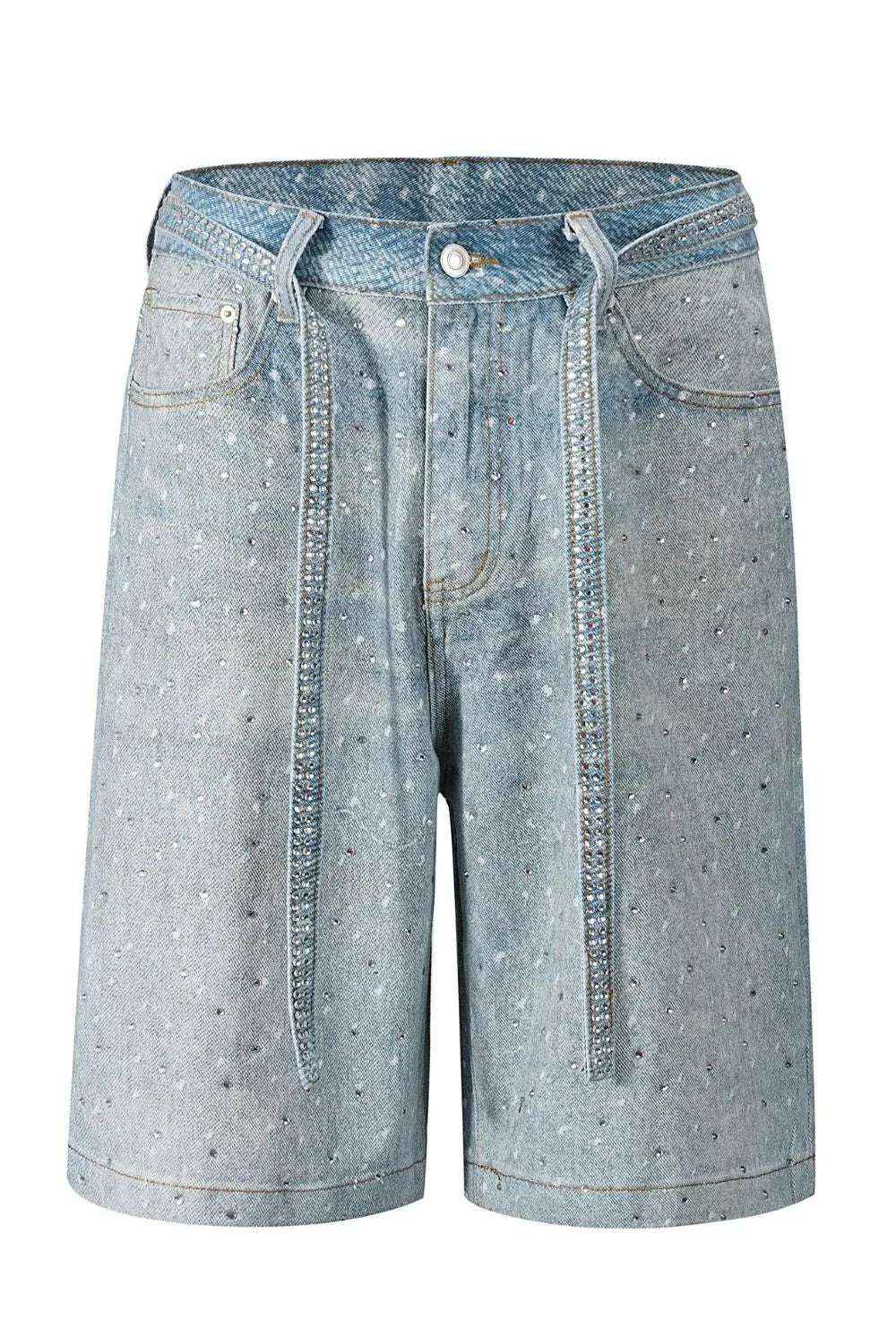 Men’s Washed Rhinestone Denim Bermuda Shorts – Streetwear Jean Shorts with Sparkle Detailing