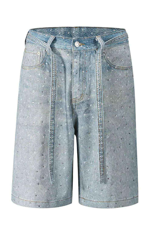 Men’s Washed Rhinestone Denim Bermuda Shorts – Streetwear Jean Shorts with Sparkle Detailing