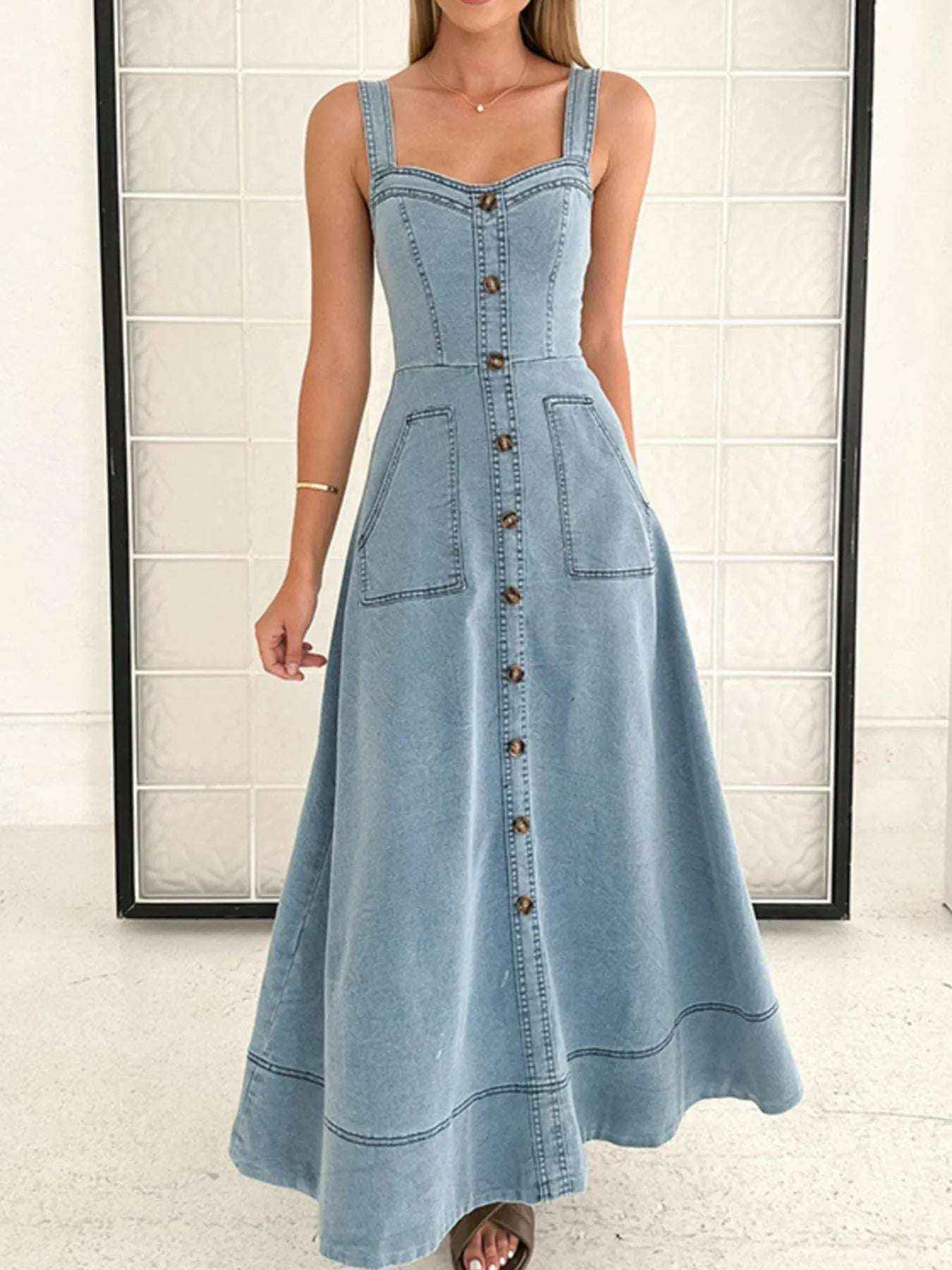 Light Blue Buttoned Wide Strap Sweetheart Neck Denim Midi Dress Vintage Inspired Pocketed, Summer Casual Travel-Ready