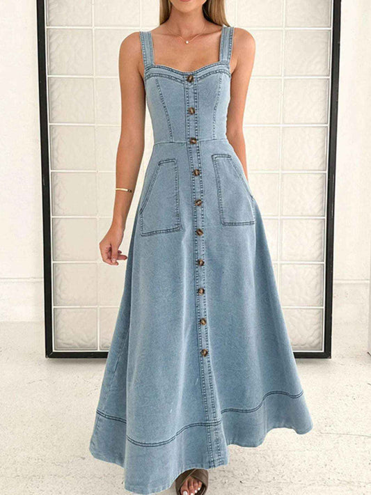 Light Blue Buttoned Wide Strap Sweetheart Neck Denim Midi Dress Vintage Inspired Pocketed, Summer Casual Travel-Ready