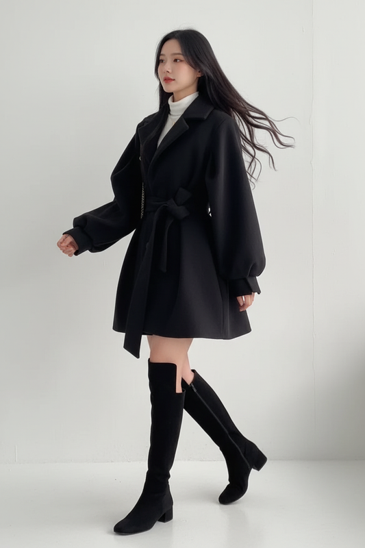 Female model wearing black belted coat - alternative angle