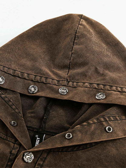Men’s Washed Vintage Frayed Hem Hoodie – Casual Buttoned Pocketed Pullover