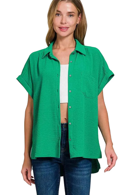 Zenana Woven Airflow Button Down Shirt