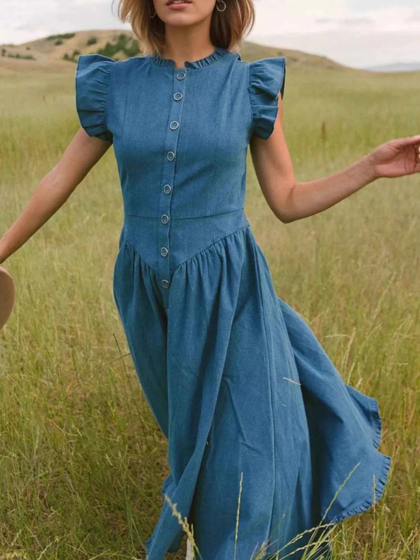 Ruffled Cap Sleeve Denim Dress