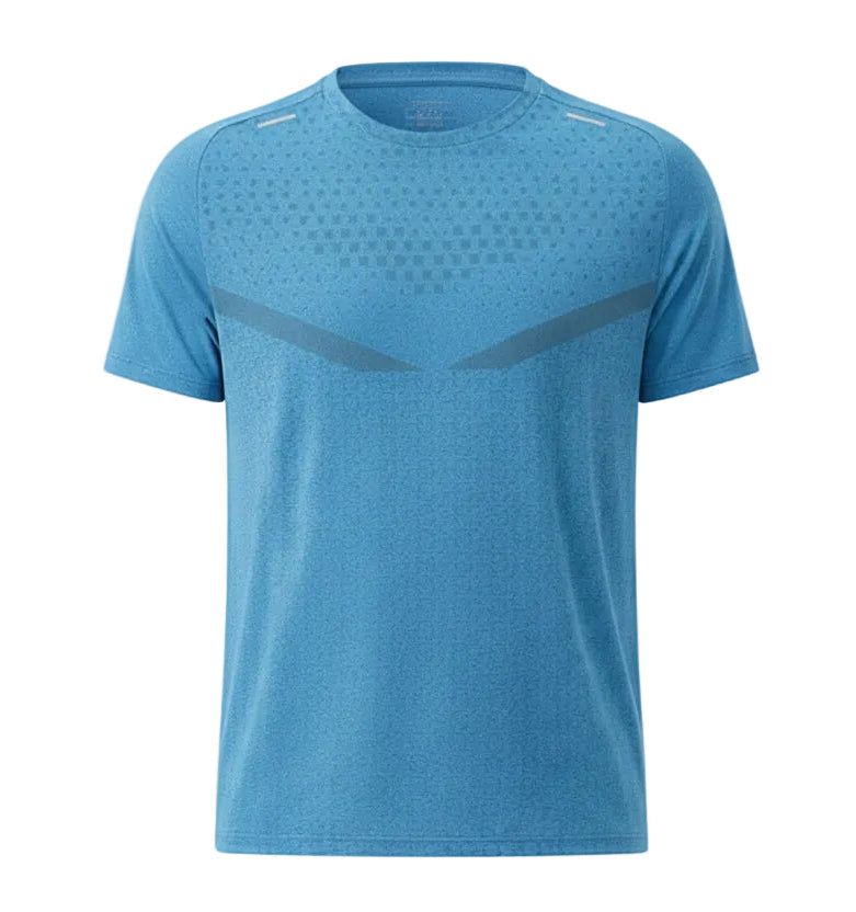 Person wearing a blue athletic shirt with a gray logo on a white background