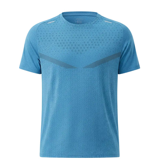 Person wearing a blue athletic shirt with a gray logo on a white background