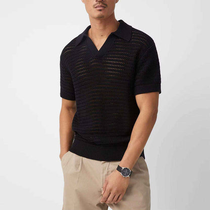 Stonehenge Texture Hollow-Knit Mesh Polo Shirt Luxury Crochet Sweater
