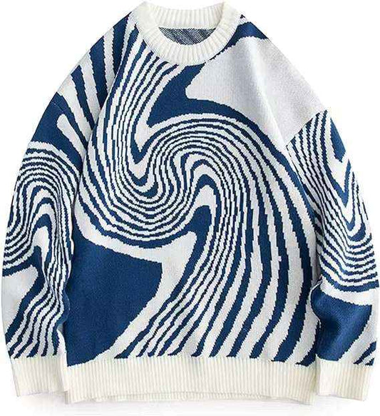 Men’s Abstract Swirl Knit Sweater Blue & White Optical Illusion Pattern Cozy Winter Pullover Streetwear Fashion Jumper
