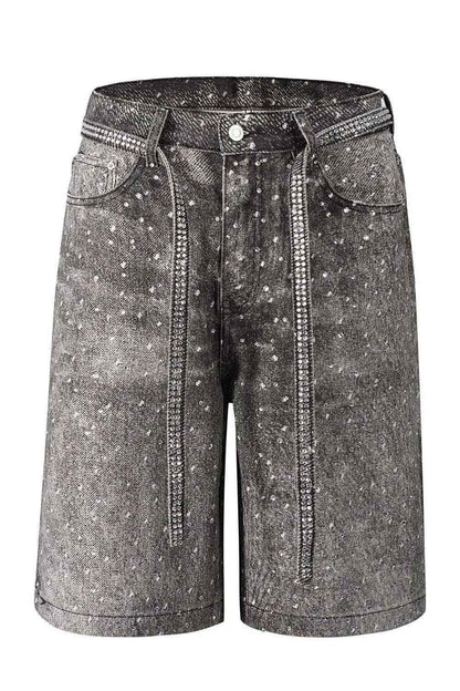 Men’s Washed Rhinestone Denim Bermuda Shorts – Streetwear Jean Shorts with Sparkle Detailing