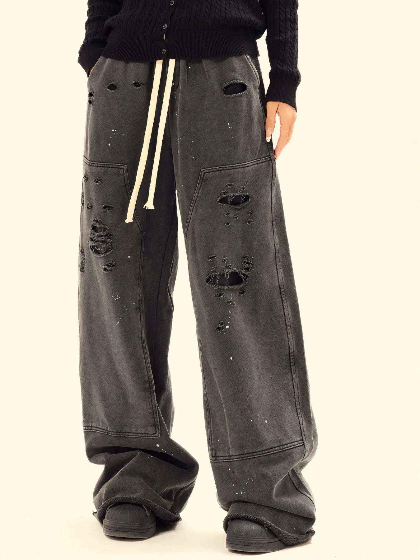 Heritage-Distressed Wide Leg Jeans with Drawstring Waist 100% Cotton