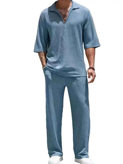 Men’s Johnny Collar Half Sleeve Top & Pants Set 2 Piece Outfit Casual Summer Lounge Wear Tracksuit