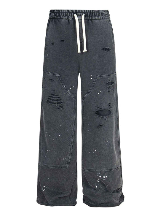 Heritage-Distressed Wide Leg Jeans with Drawstring Waist 100% Cotton