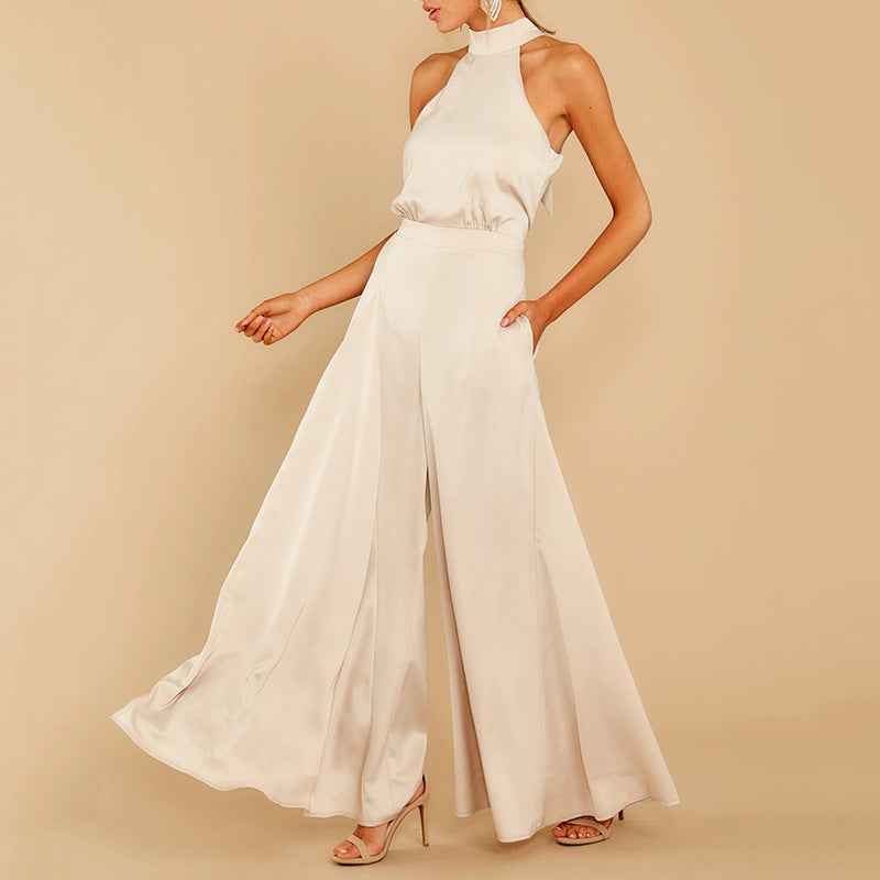 one-piece jumpsuit blends modern minimalism with retro flair, featuring an off-the-shoulder neckline