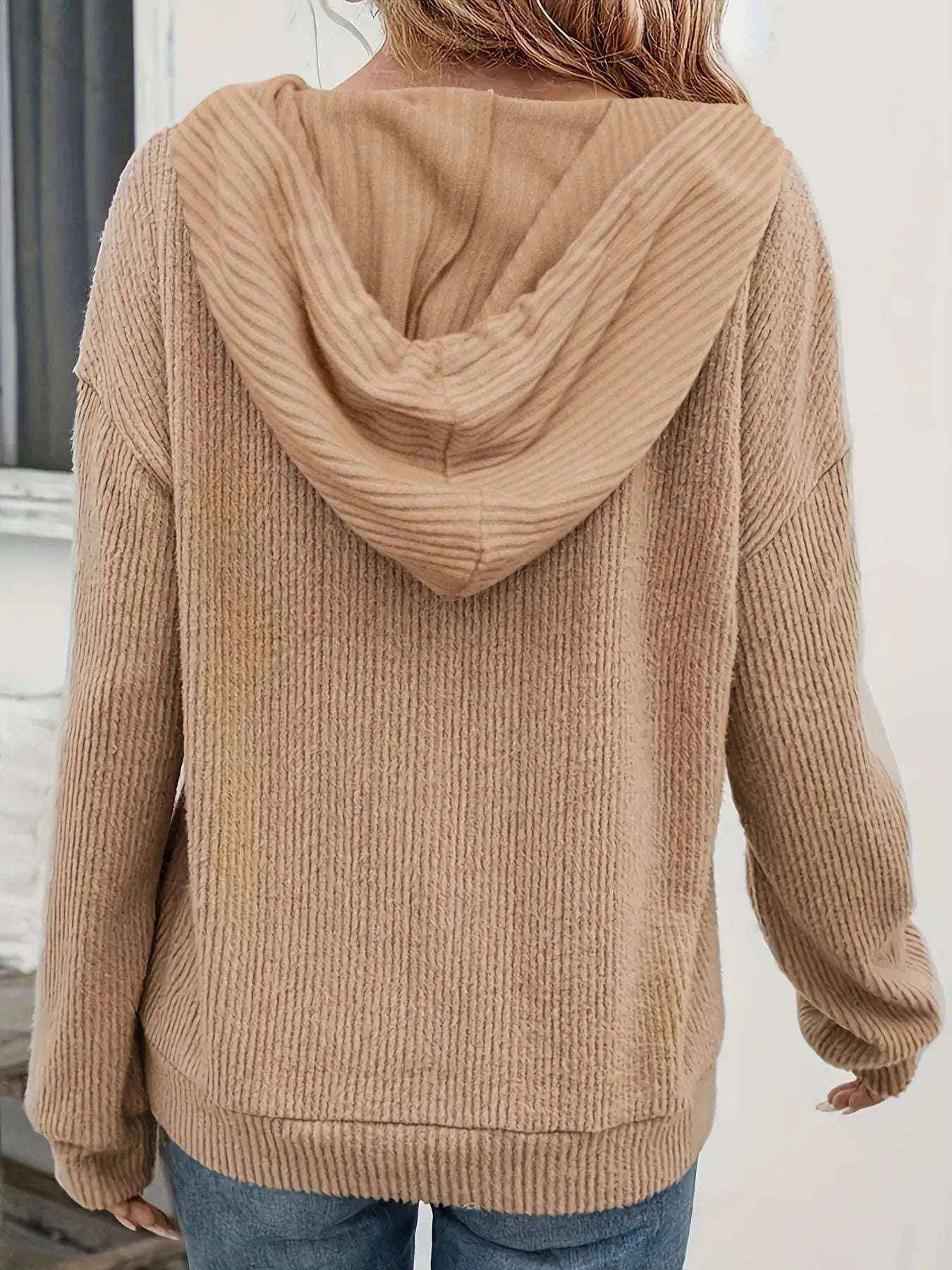 Women’s Ribbed Drawstring Button Front Hoodie Casual Long Sleeve Pullover Top