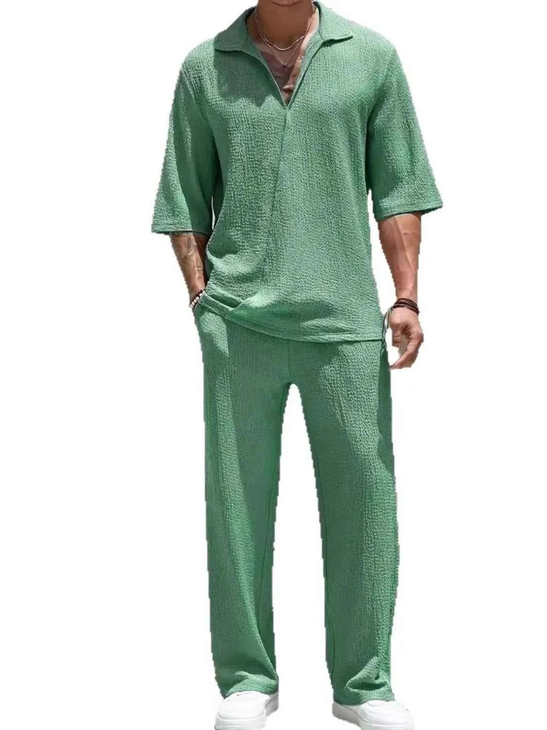 Men’s Johnny Collar Half Sleeve Top & Pants Set 2 Piece Outfit Casual Summer Lounge Wear Tracksuit