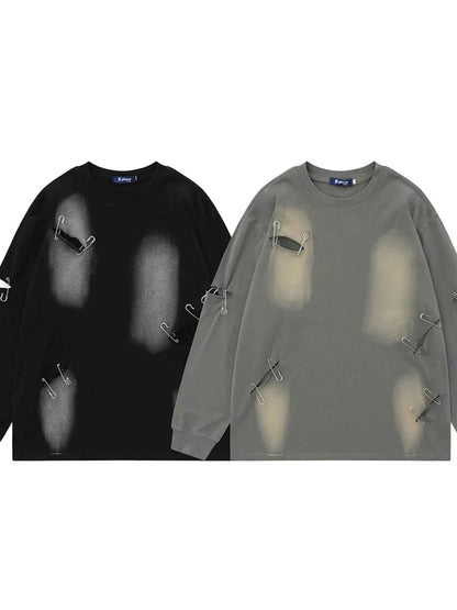Men’s Distressed Long Sleeve T-Shirt – Oversized Streetwear Round Neck Top