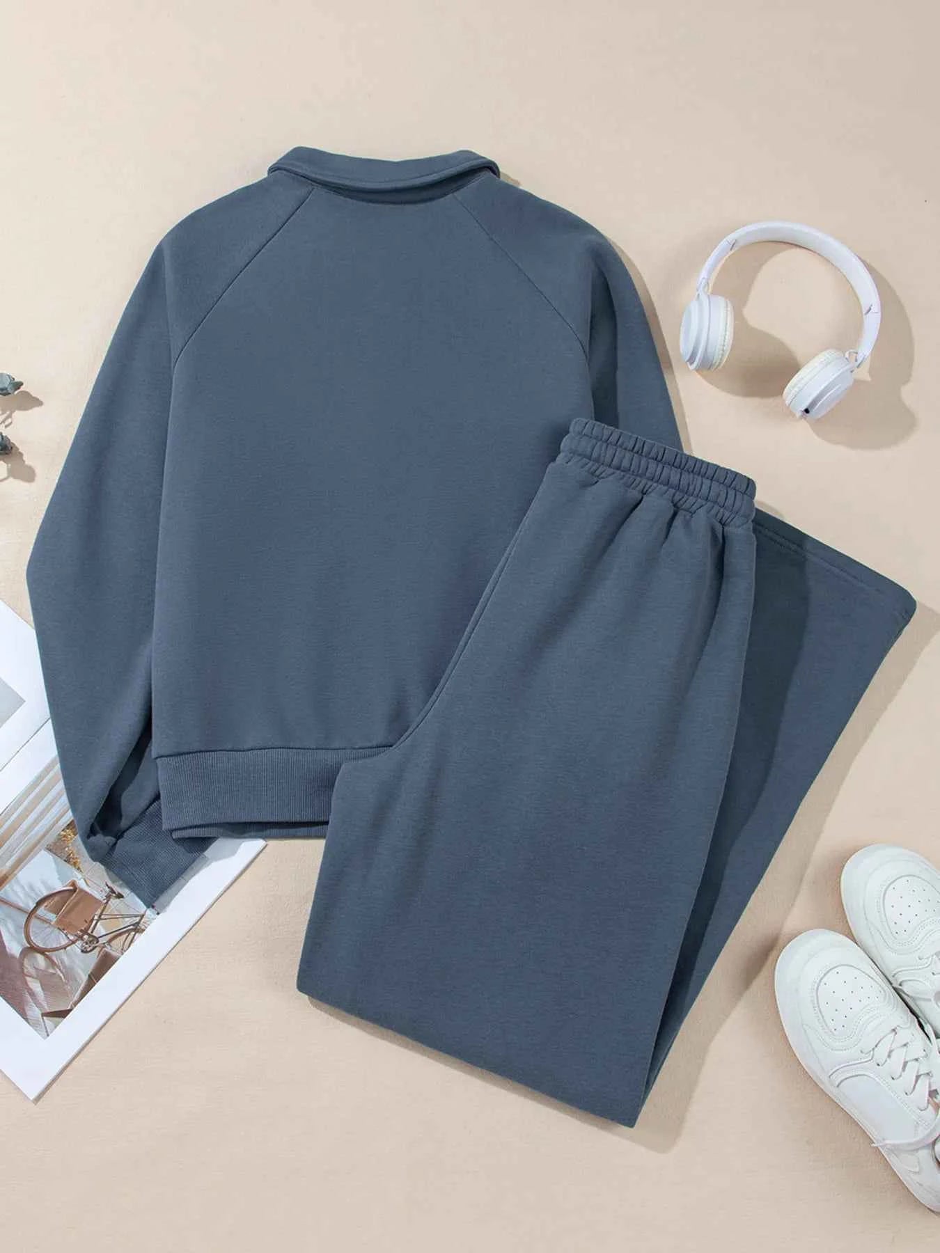 Collared Sweatshirt and High Waist Pants Active Set