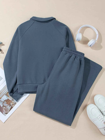 Collared Sweatshirt and High Waist Pants Active Set
