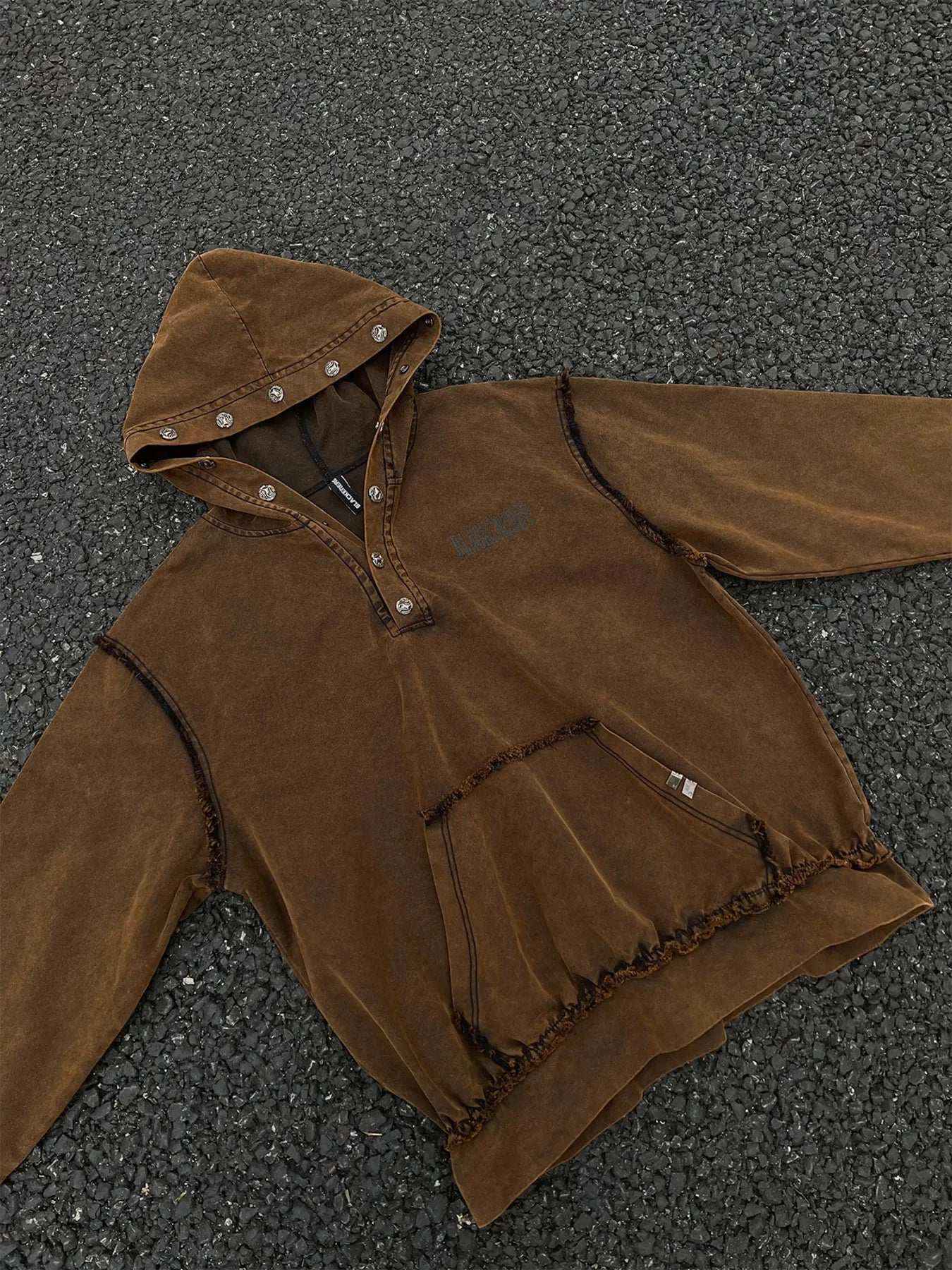 Men’s Washed Vintage Frayed Hem Hoodie – Casual Buttoned Pocketed Pullover