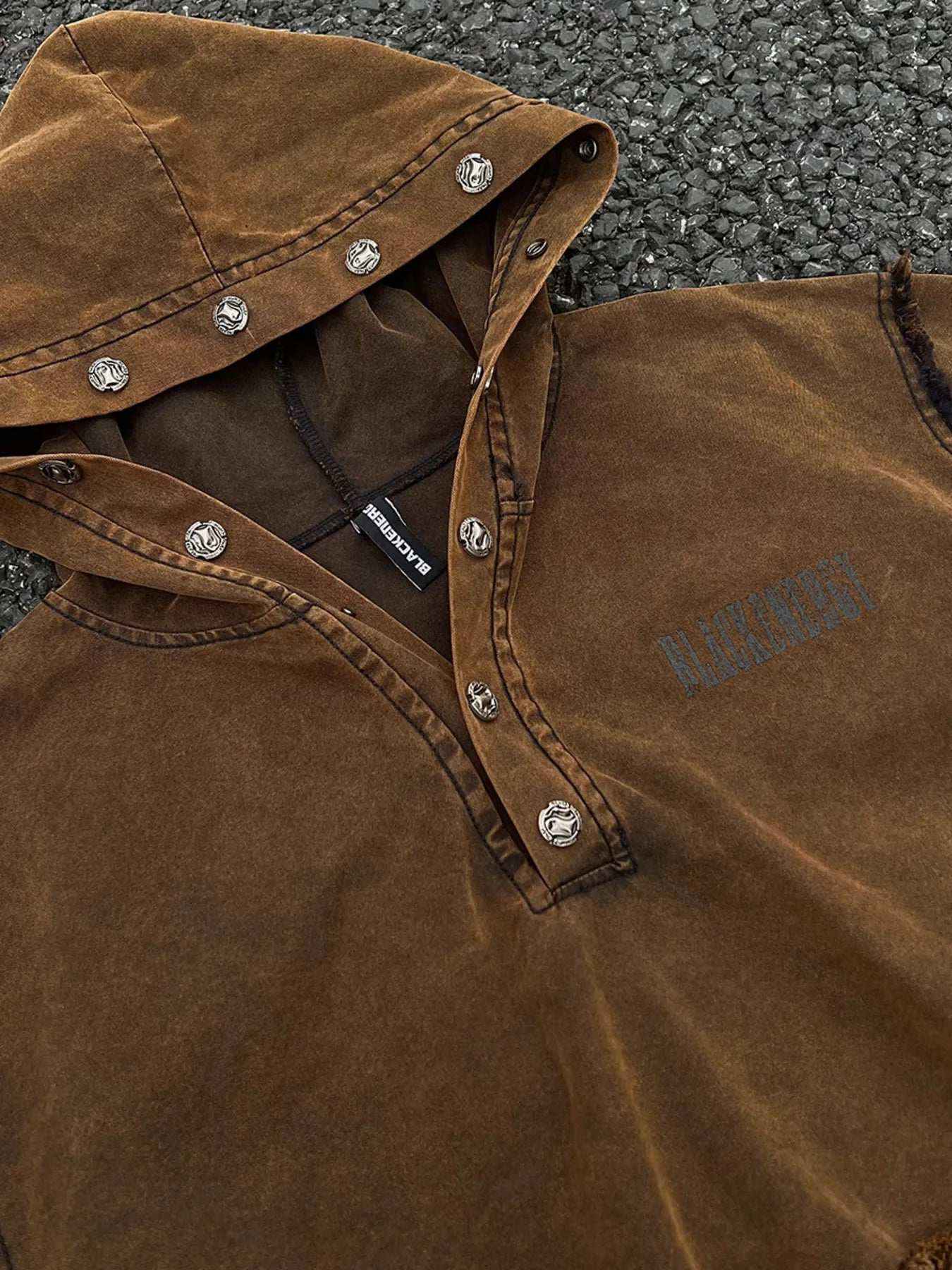 Men’s Washed Vintage Frayed Hem Hoodie – Casual Buttoned Pocketed Pullover