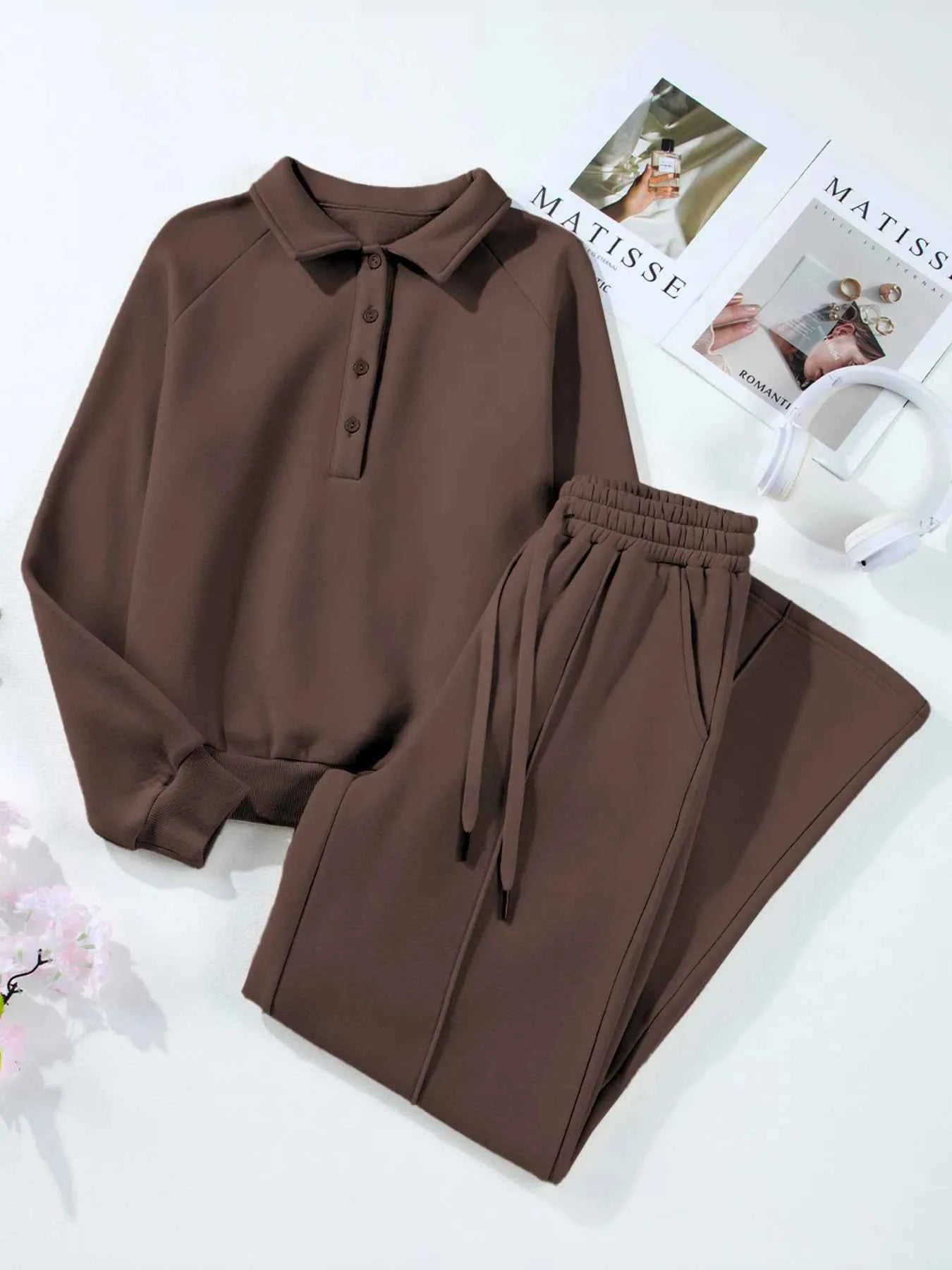 Collared Sweatshirt and High Waist Pants Active Set