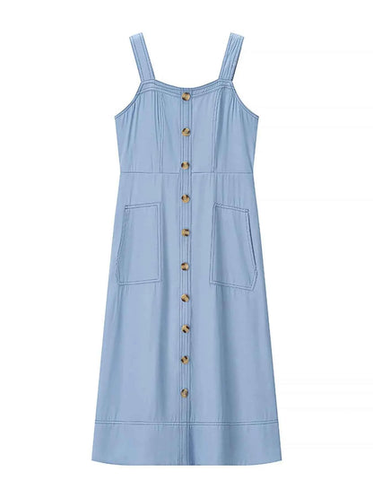 Light Blue Buttoned Wide Strap Sweetheart Neck Denim Midi Dress Vintage Inspired Pocketed, Summer Casual Travel-Ready
