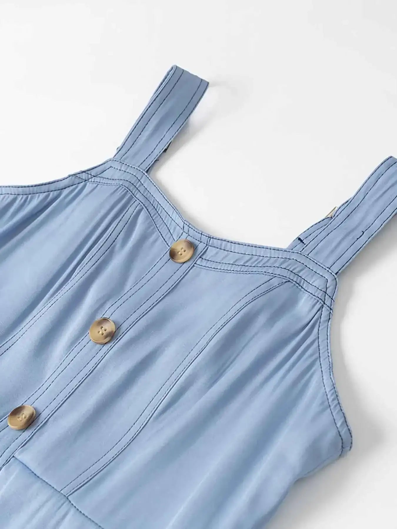 Light Blue Buttoned Wide Strap Sweetheart Neck Denim Midi Dress Vintage Inspired Pocketed, Summer Casual Travel-Ready