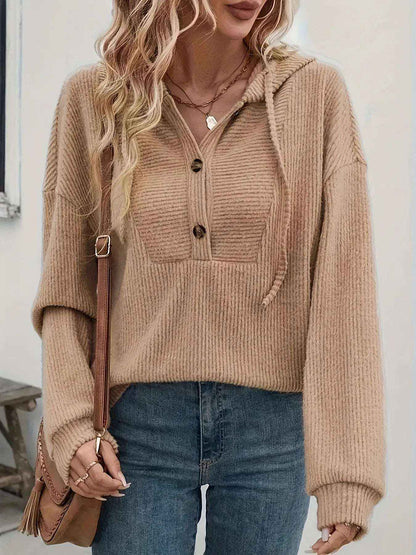 Women’s Ribbed Drawstring Button Front Hoodie Casual Long Sleeve Pullover Top
