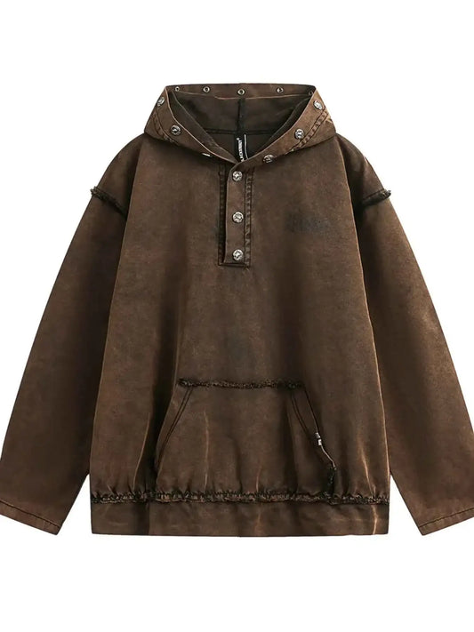 Men’s Washed Vintage Frayed Hem Hoodie – Casual Buttoned Pocketed Pullover