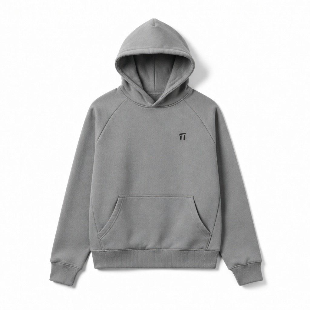 Gray hoodie with a small logo on a white background