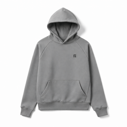 Gray hoodie with a small logo on a white background