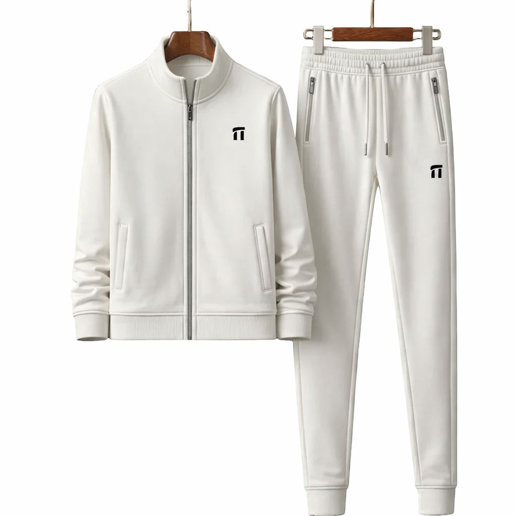 White tracksuit with brand logo on a white background