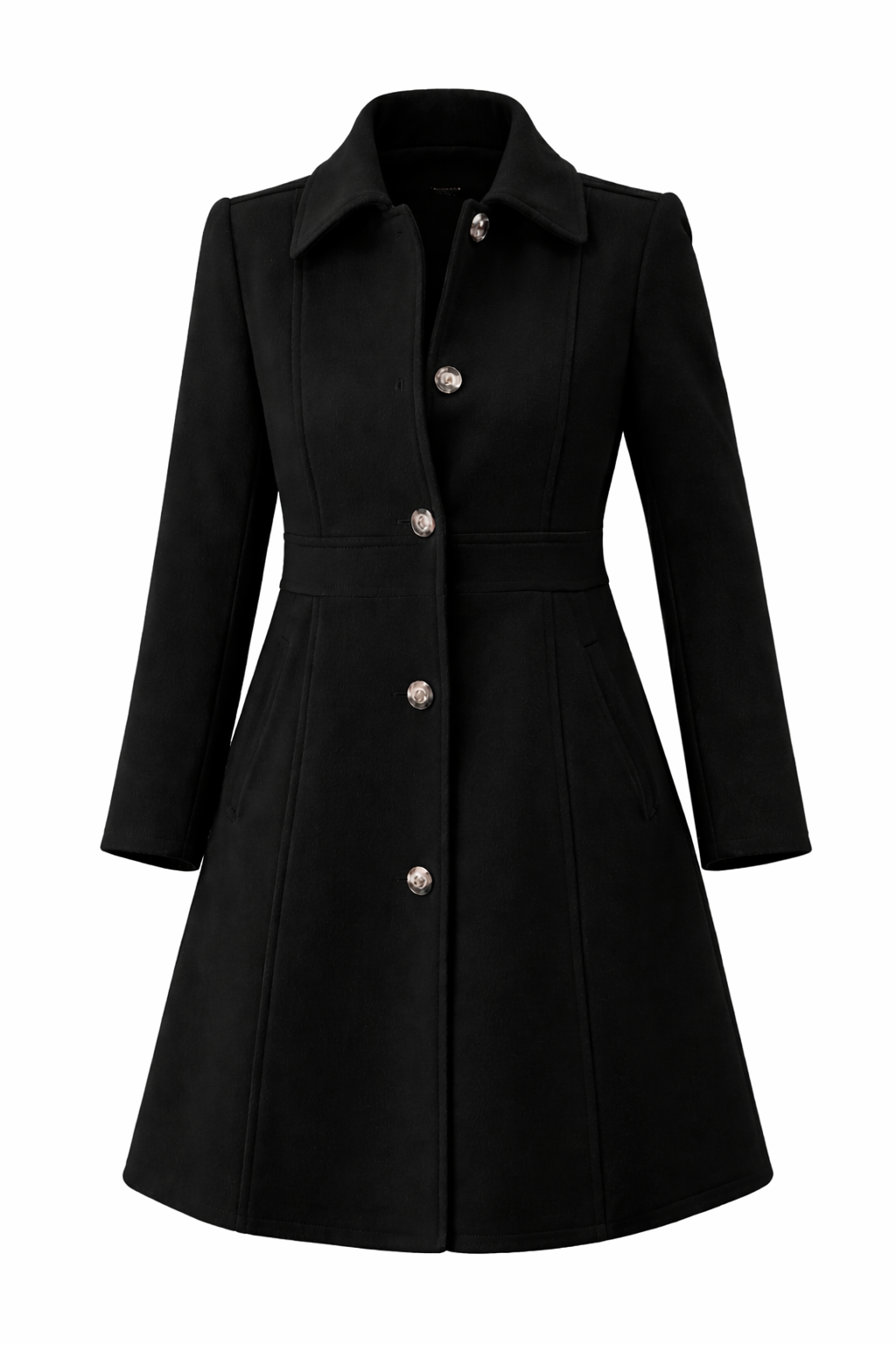 Black coat with silver buttons on a white background