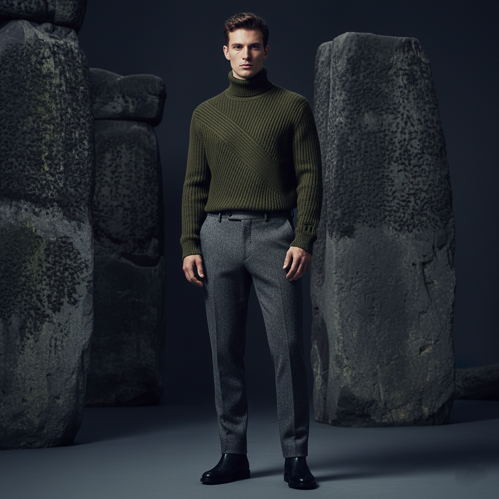 Stonehenge Textures Ribbed Turtleneck & Tailored Trouser Set – Smart Casual Menswear