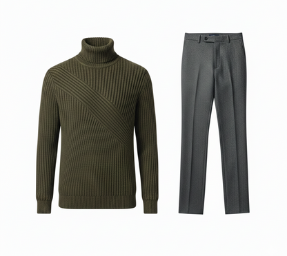 Stonehenge Textures Menswear Set: Ribbed Turtleneck & Tailored Trouser Combo for Smart Casual Style