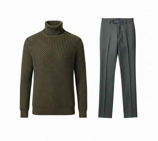 Stonehenge Textures Menswear Set: Ribbed Turtleneck & Tailored Trouser Combo for Smart Casual Style