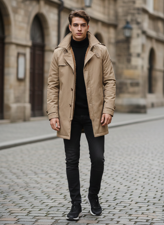 Men’s Plus Size Trench Coat Classic Button-Up Long Coat with Lining