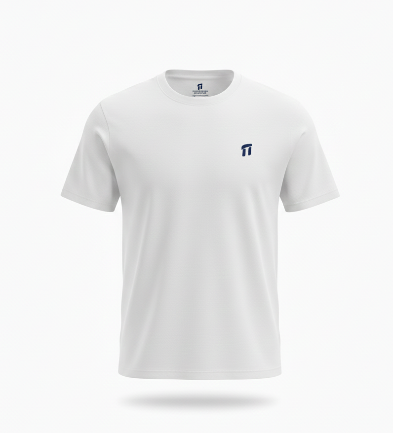 White t-shirt with a small logo on a white background