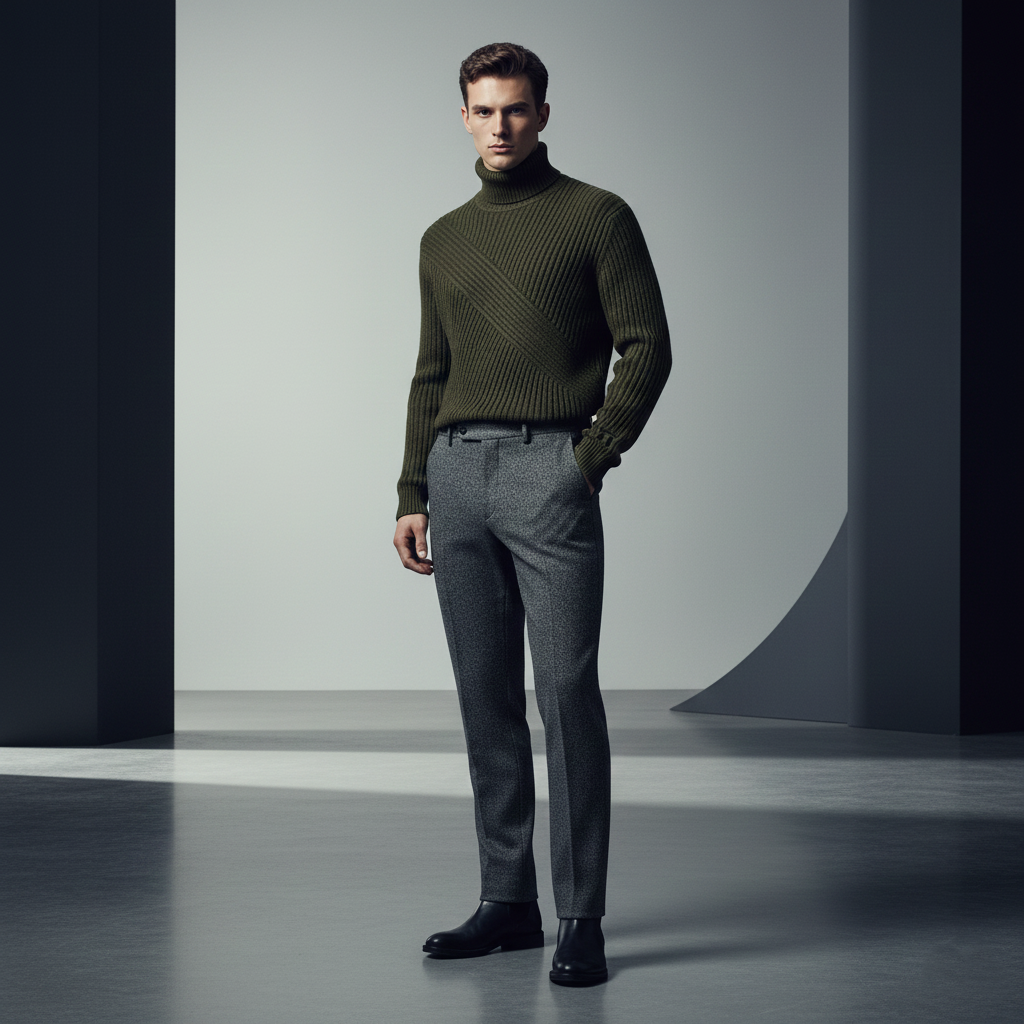 Stonehenge Textures Ribbed Turtleneck & Tailored Trouser Set – Smart Casual Menswear