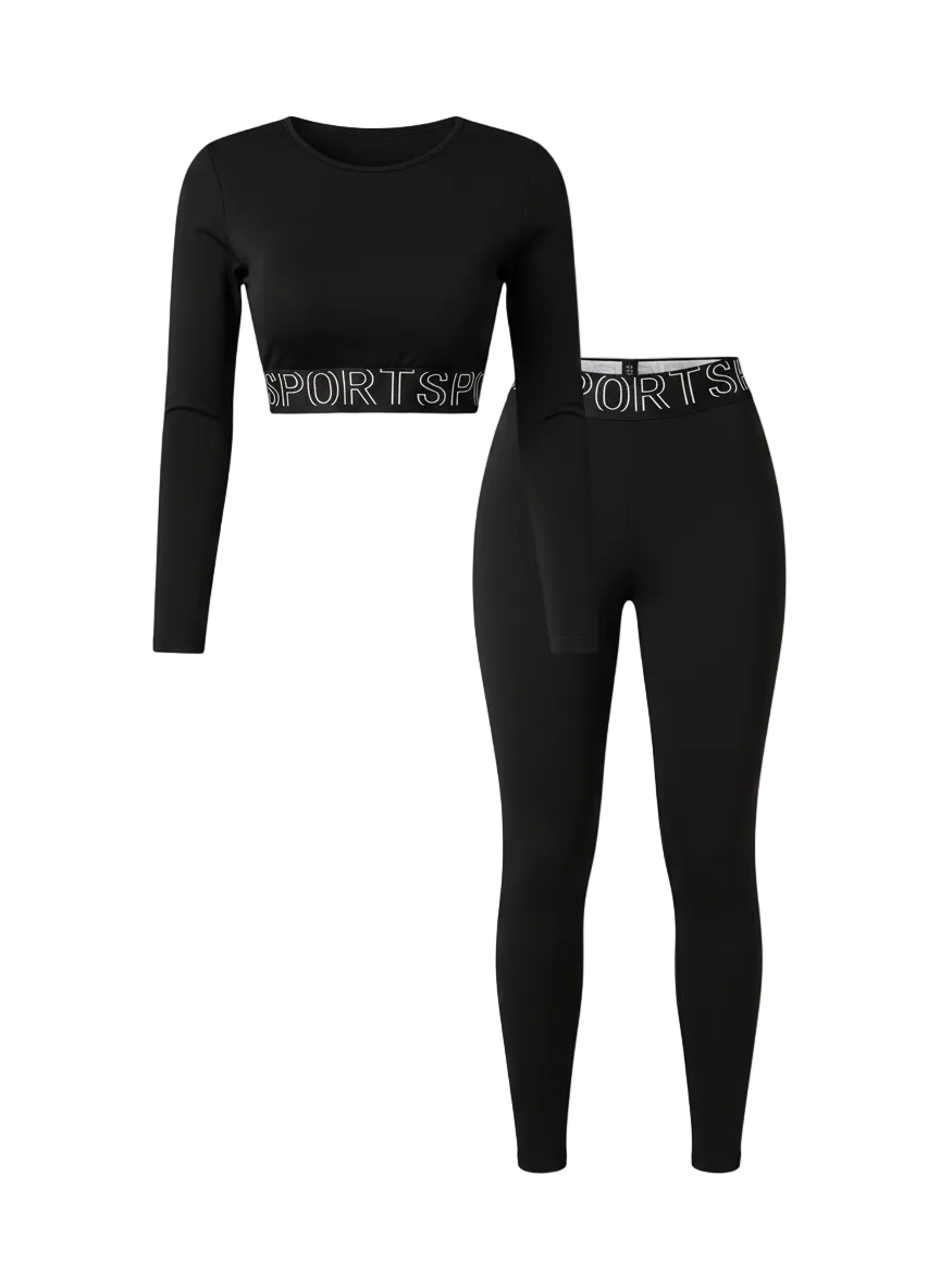 Letter Print Active Set: Round Neck Long Sleeve Top and Leggings Combo