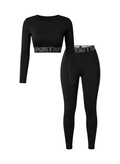 Letter Print Active Set: Round Neck Long Sleeve Top and Leggings Combo